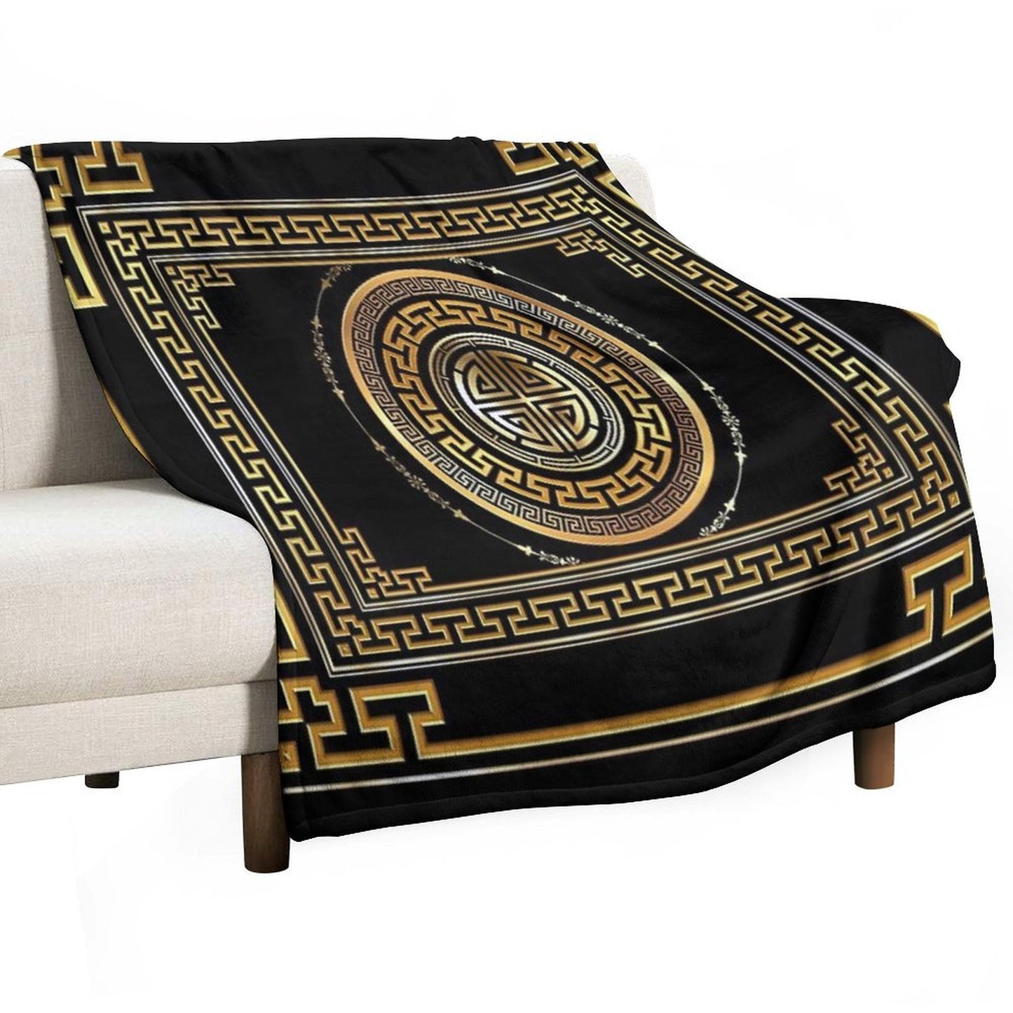 Greek Key Meander Black Gold Large Throw Blanket