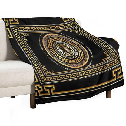 Greek Key Meander Black Gold Large Throw Blanket