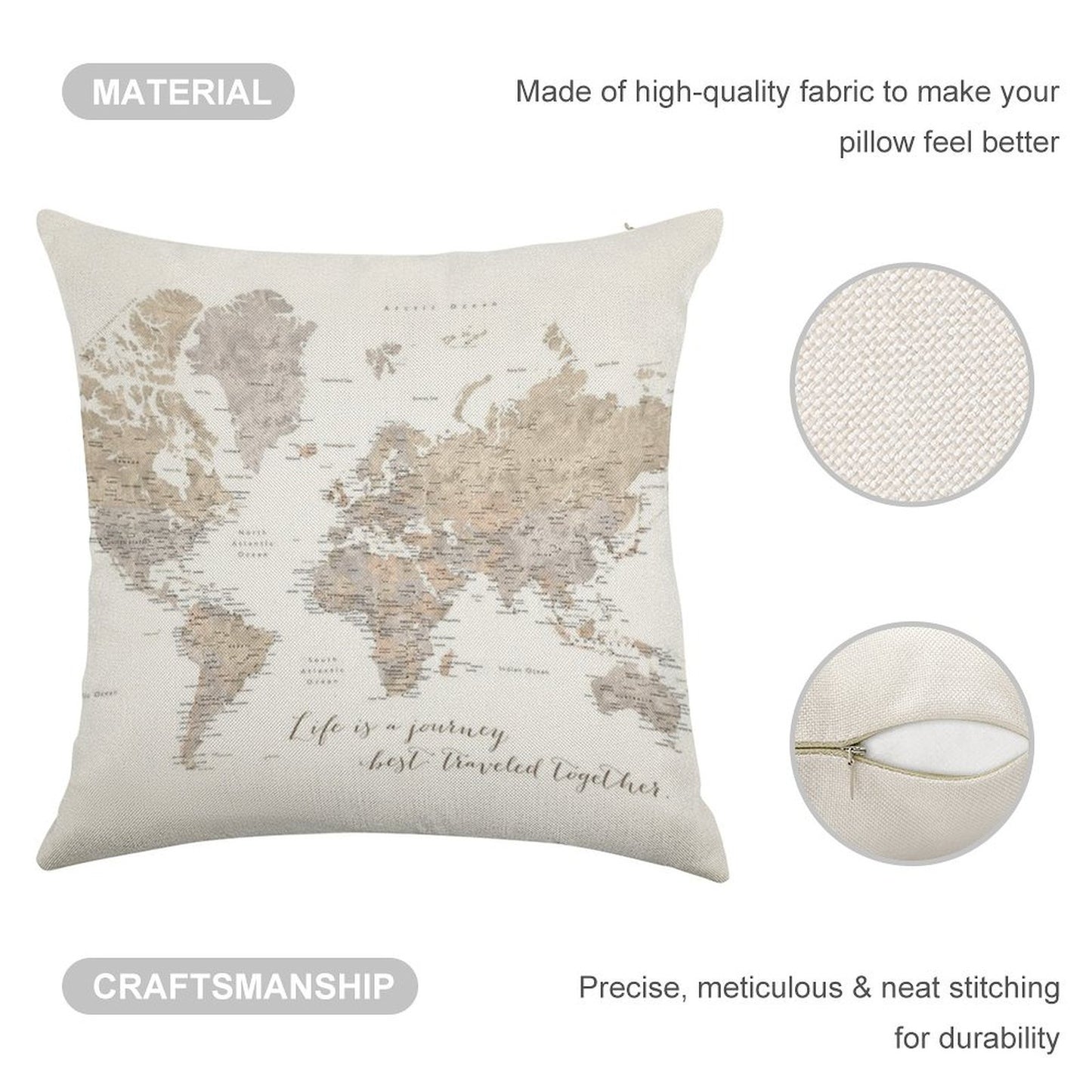 Life Is A Jouney Best Travelled Together, World Map, Abey Linen Throw Pillow Cover