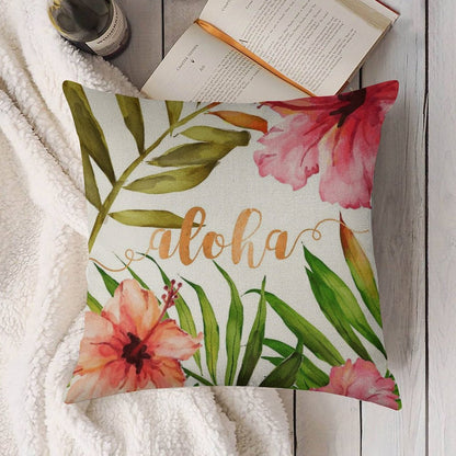 Aloha Tropical Hawaiian Floral Watercolor Linen Throw Pillow Cover