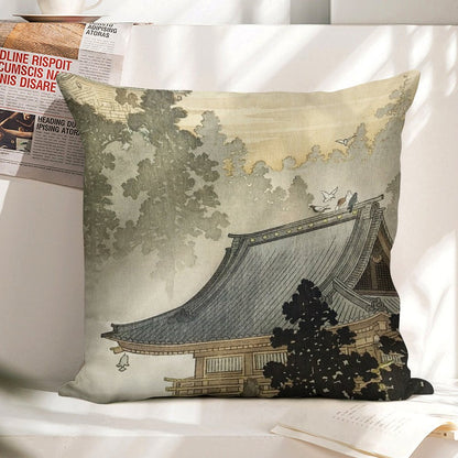 Pagoda - Japanese Art 1900s Linen Throw Pillow Cover
