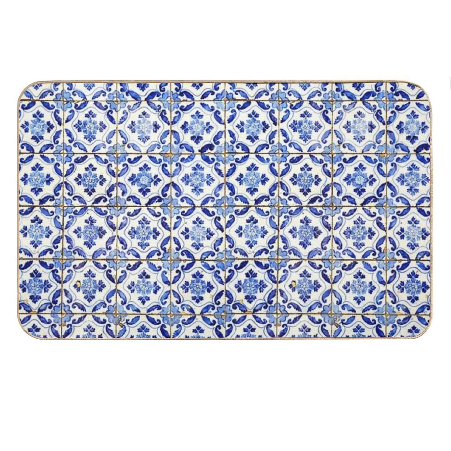 Portuguese Tiles. Blue Flowers And Leaves Bath Mat
