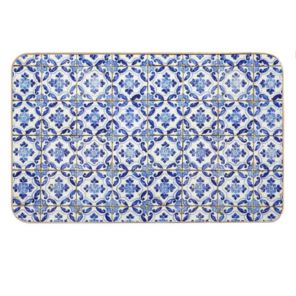 Portuguese Tiles. Blue Flowers And Leaves Bath Mat