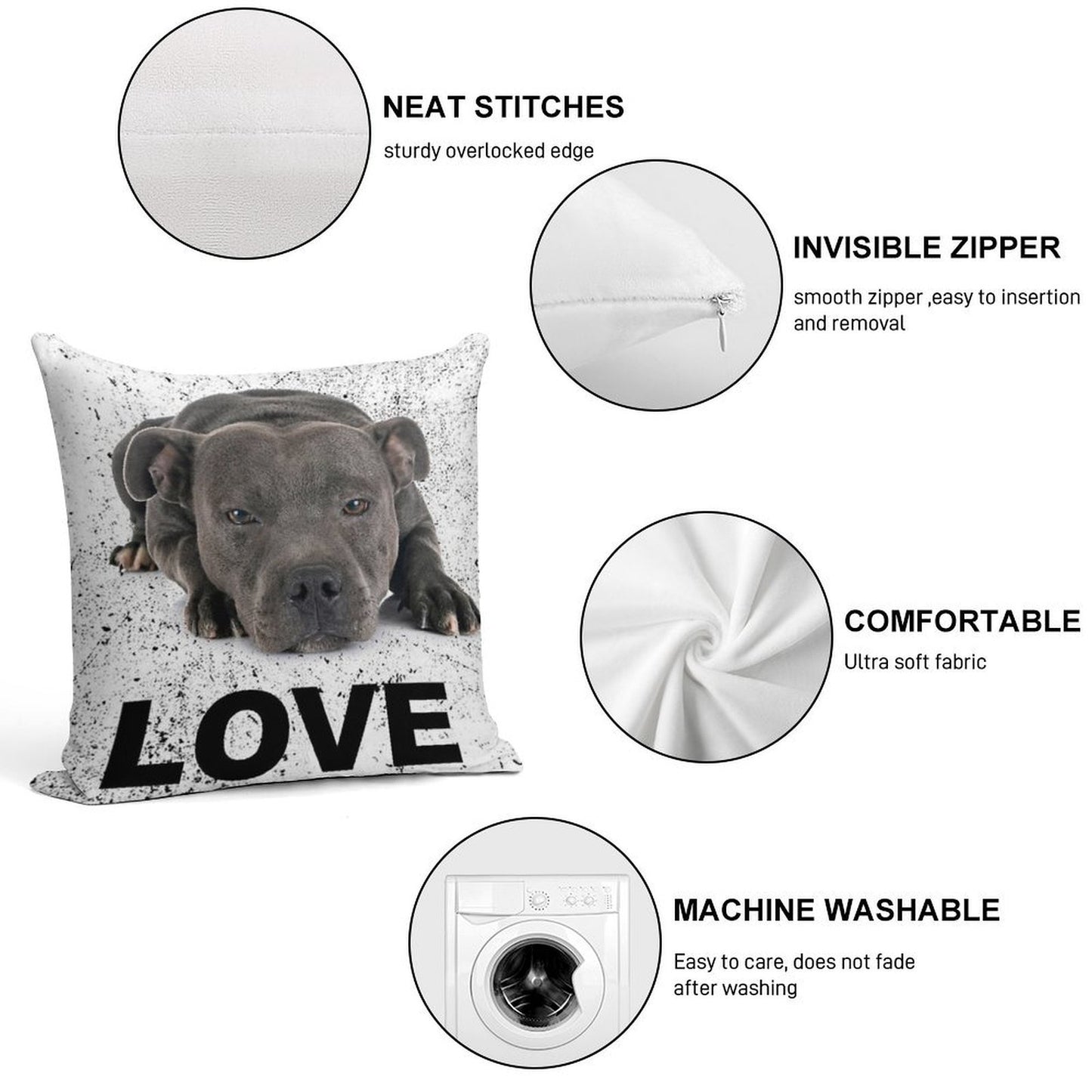 Love Is 4 Paws & Waggy Tail Blue Staffordshire Bull Terrier Soft Washable Throw Pillow
