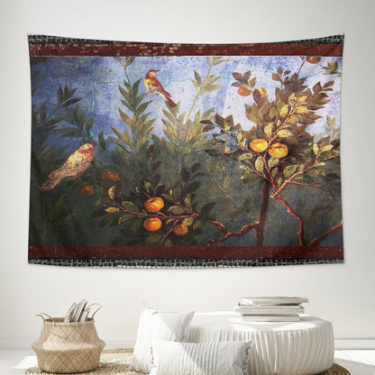 ANTIQUE ROMAN WALL PAINTING Flower Garden Flying Birds Over Quince Trees Tapestry