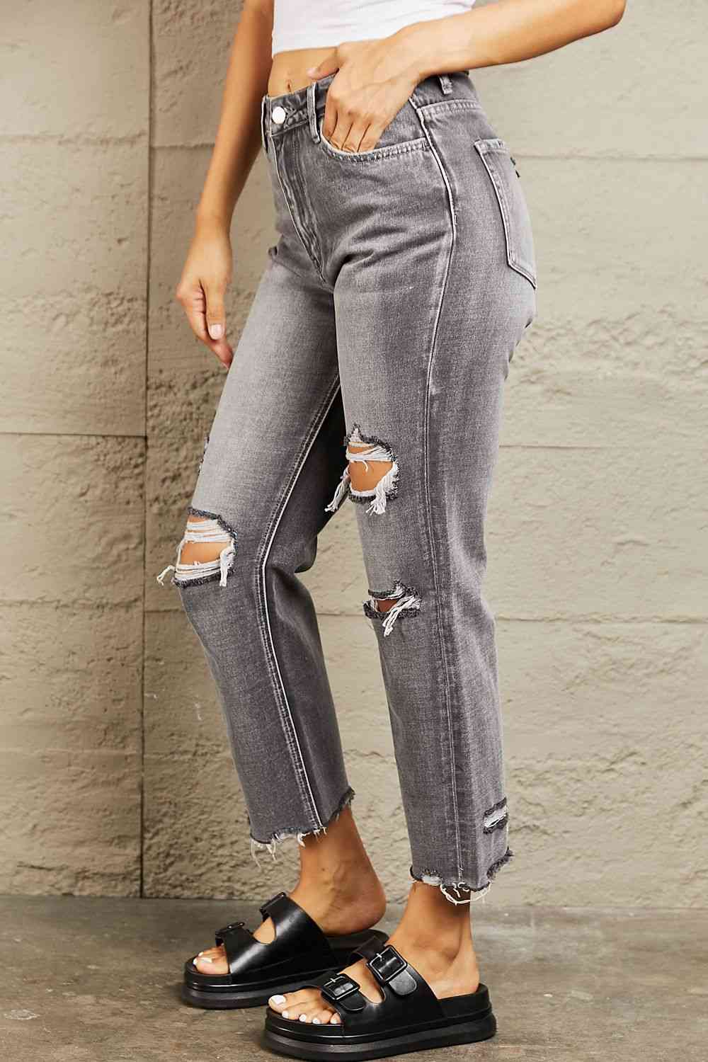 BAYEAS Mid Rise Distressed Cropped Dad Jeans