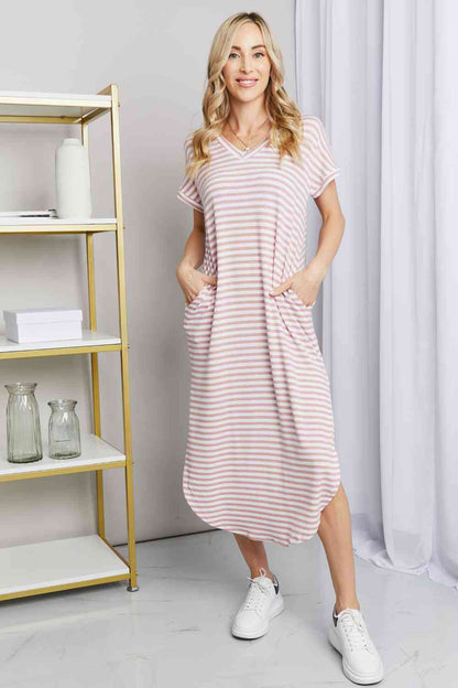 Heimish Full Size Horizontal Stripe Side Slit V-Neck Dress