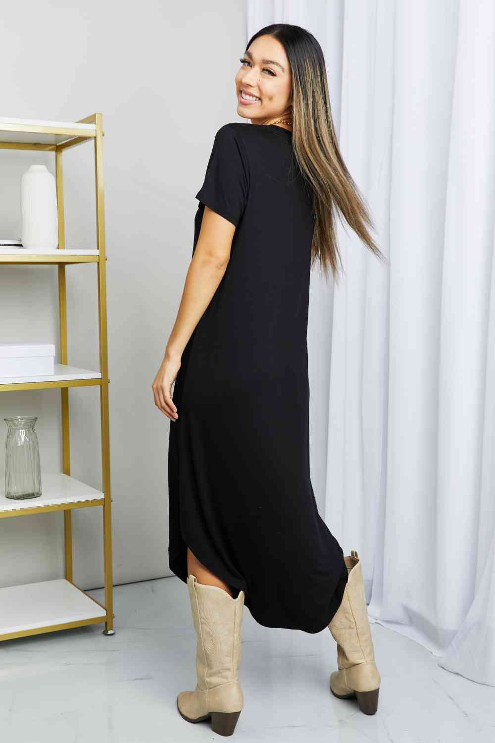HYFVE V-Neck Short Sleeve Curved Hem Dress in Black