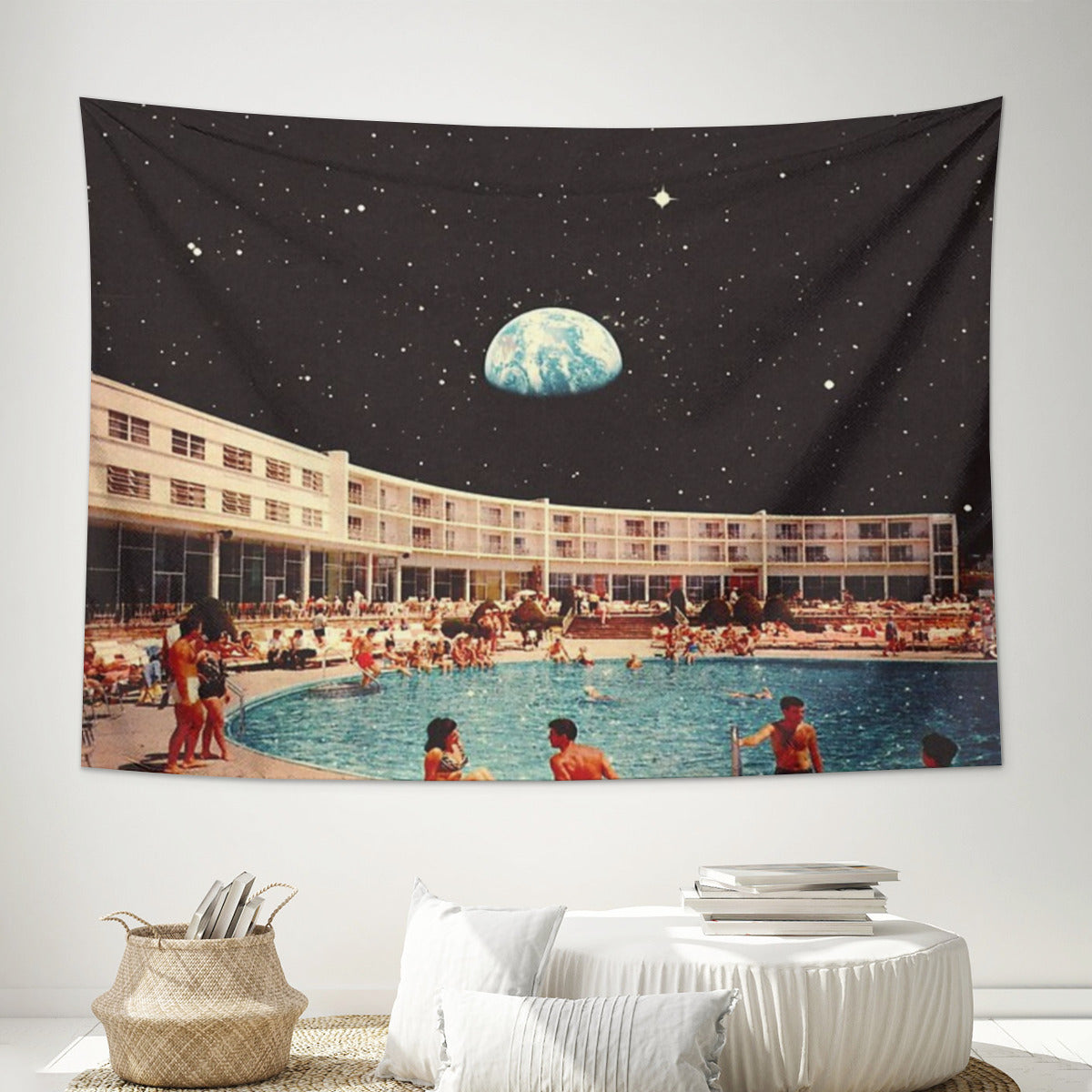 Lunar Pool Life Retro Futuristic Holiday Resort Science Fiction Collage Tapestry