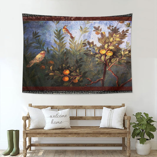 ANTIQUE ROMAN WALL PAINTING Flower Garden Flying Birds Over Quince Trees Tapestry